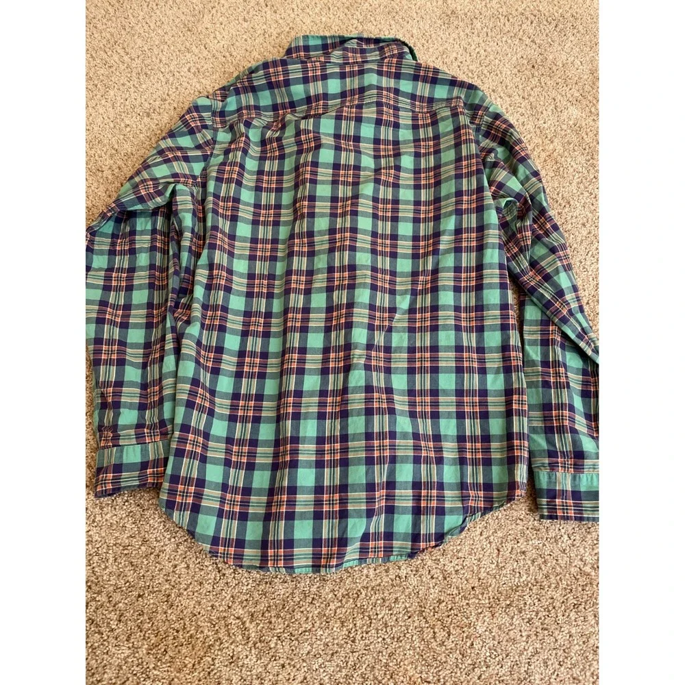 Vintage Polo Ralph Lauren Men Button Down Shirt Large Teal Plaid Dual Pockets